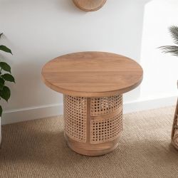 Table basse ronde teck et rotin d50 COLONIAL