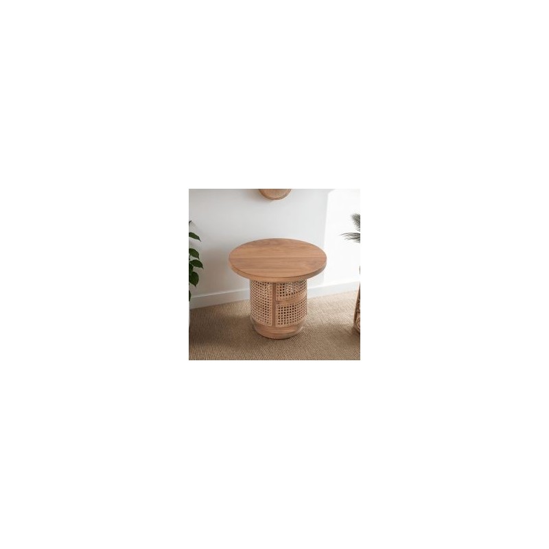 Table basse ronde teck et rotin d50 COLONIAL