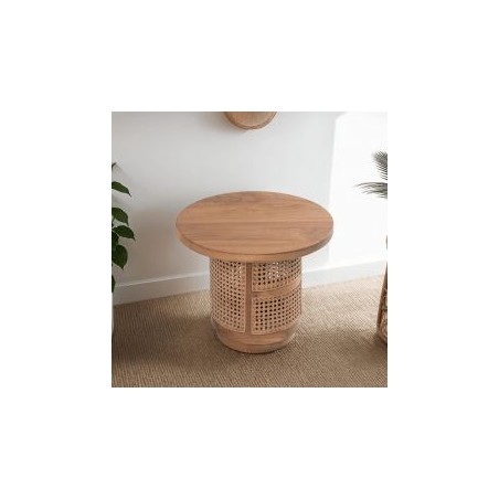 Table basse ronde teck et rotin d50 COLONIAL