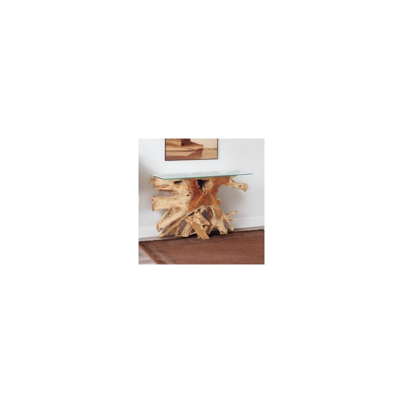 Console en racine de teck 120cm Roots Casita avec verre