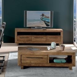 Table basse avec tiroirs teck massif rectangulaire 130cm Oregon Casita