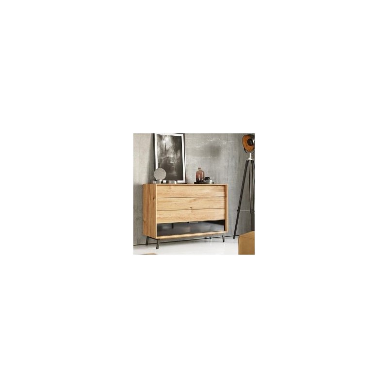 Commode 4 tiroirs façade chêne massif et verre 121cm ADAM