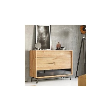 Commode 4 tiroirs façade chêne massif et verre 121cm ADAM