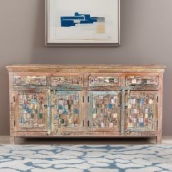 Grand bahut en bois recyclé coloré blanchi 180cm LILA