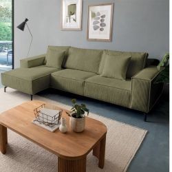 Canapé d'angle velours côtelé kaki 278cm PUEBLO Casita retour gauche
