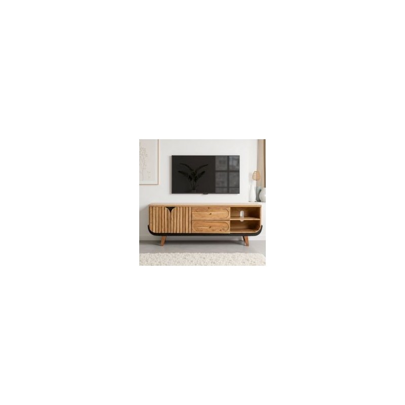 Meuble TV noir et bois acacia blanchi 160cm ROSA Kayu Interieur