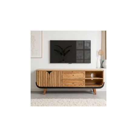 Meuble TV noir et bois acacia blanchi 160cm ROSA Kayu Interieur