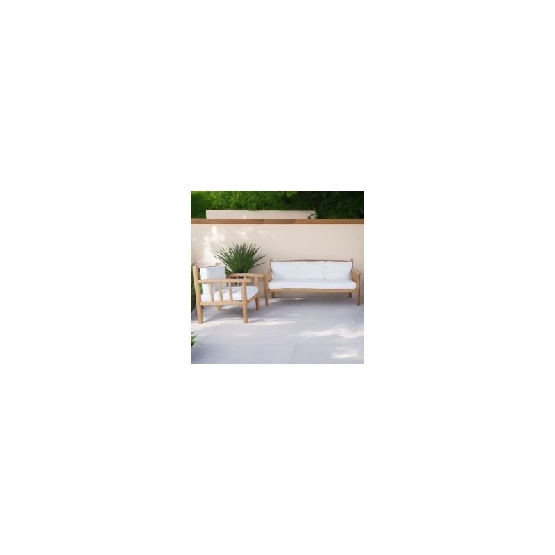 Salon de jardin style bois flotté teck massif GARDEN 4 places  (canapé + fauteuil)