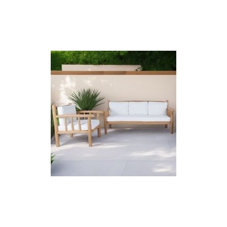 Salon de jardin style bois flotté teck massif GARDEN 4 places  (canapé + fauteuil)