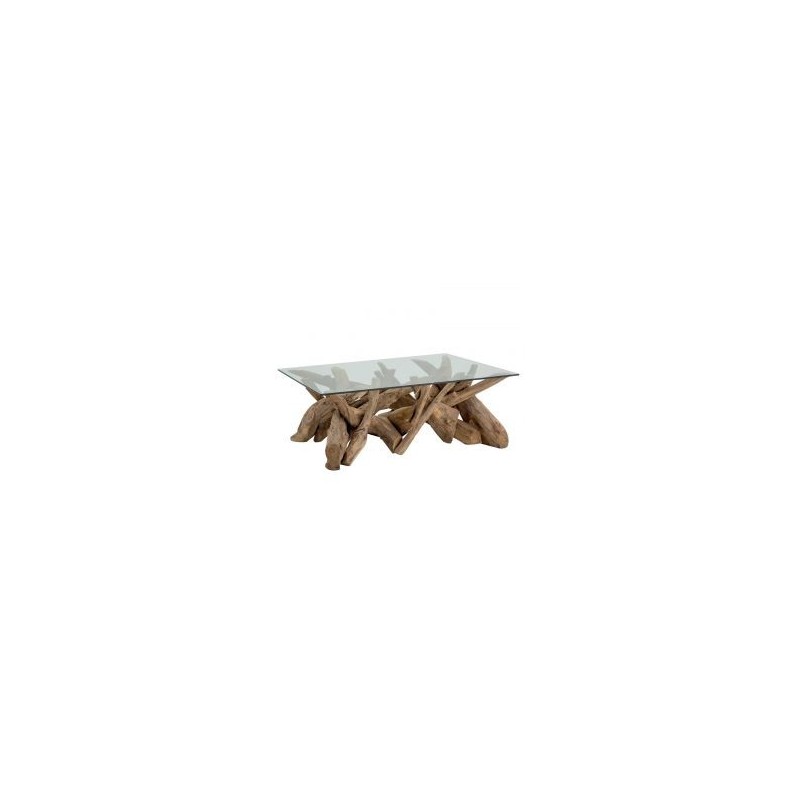 Table basse racine de teck carrée avec verre 120cm CASITA
