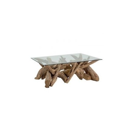 Table basse racine de teck carrée avec verre 120cm CASITA