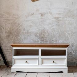 Meuble TV blanc en bois de pin massif 111cm BIANCA 2 tiroirs