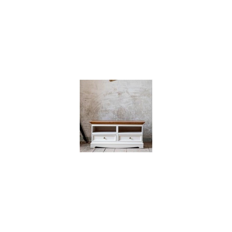 Meuble TV blanc en bois de pin massif 111cm BIANCA 2 tiroirs