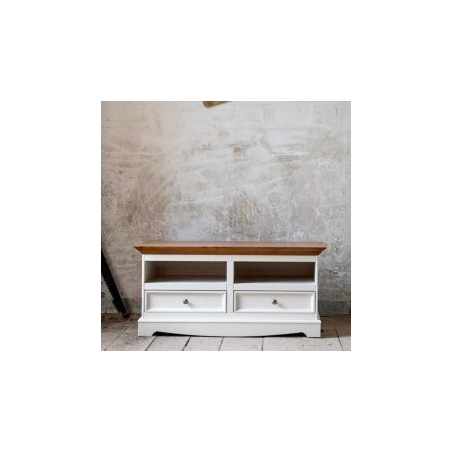 Meuble TV blanc en bois de pin massif 111cm BIANCA 2 tiroirs
