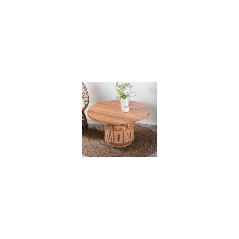 Table basse ronde teck et rotin d80 COLONIAL