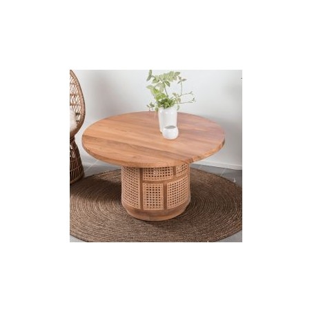 Table basse ronde teck et rotin d80 COLONIAL