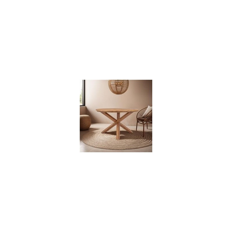 Table ronde en teck massif recyclé 130cm pied croisé bois XONO d-bodhi