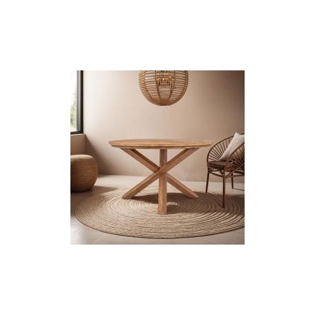 Table ronde en teck massif recyclé 130cm pied croisé bois XONO d-bodhi