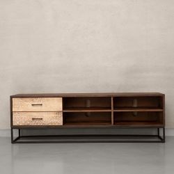 Meuble TV bois exotique et pieds métal 145cm NOA 2 tiroirs