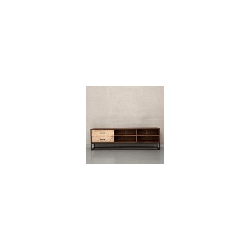 Meuble TV bois exotique et pieds métal 145cm NOA 2 tiroirs