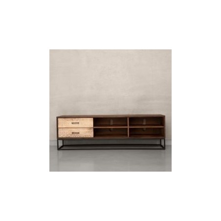 Meuble TV bois exotique et pieds métal 145cm NOA 2 tiroirs