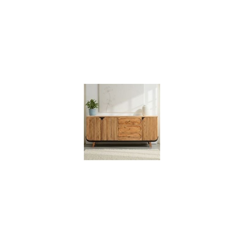 Buffet 3 portes noir et bois acacia 195cm ROSA Kayu Intérieur