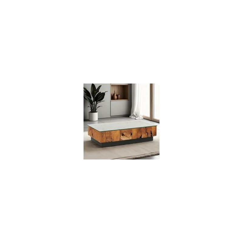 Table basse teck massif rectangulaire et verre 120cm Casita