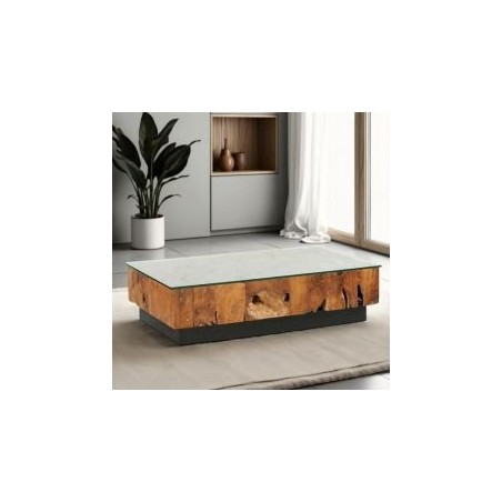 Table basse teck massif rectangulaire et verre 120cm Casita