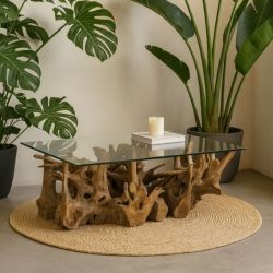 Table basse style bois flotté en racine de teck et verre 120cm Casita