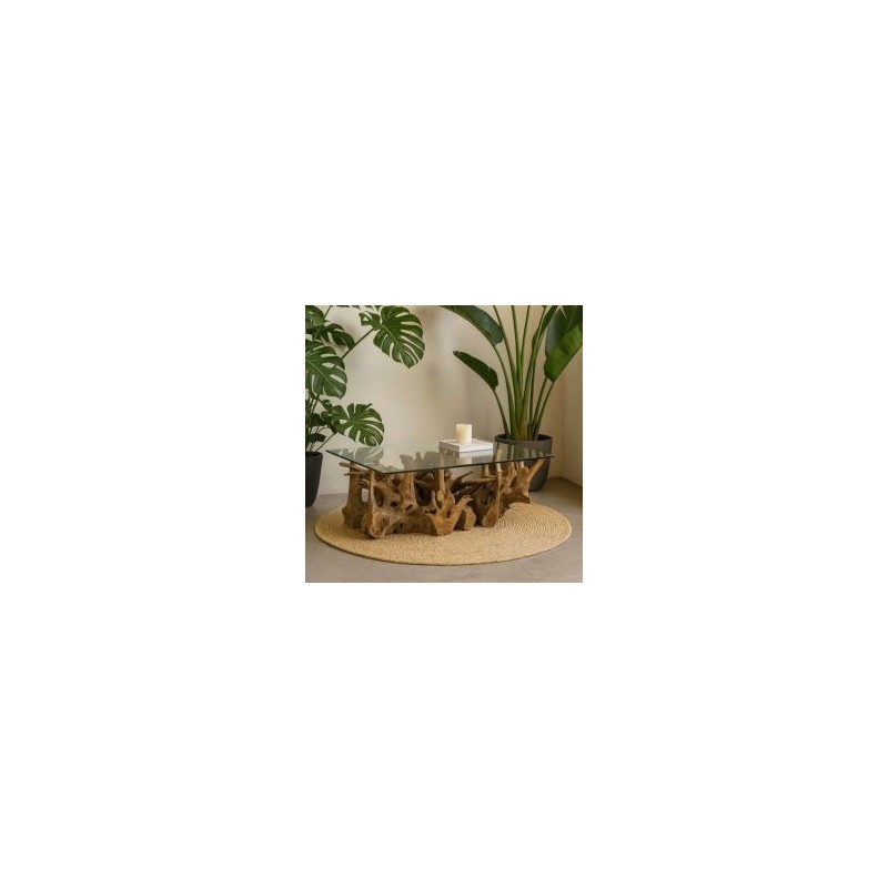 Table basse style bois flotté en racine de teck et verre 120cm Casita