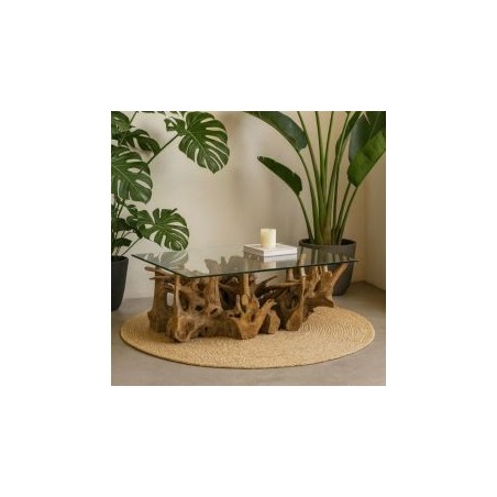 Table basse style bois flotté en racine de teck et verre 120cm Casita