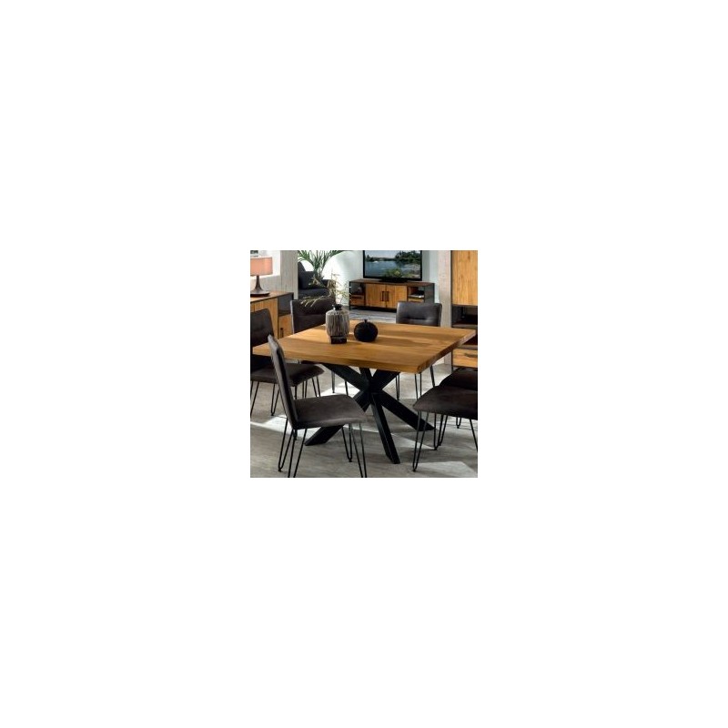 Table carrée industrielle teck massif 130cm pied central métal Casita