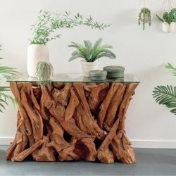 Console en morceaux de racine de teck 120cm Roots Casita avec verre