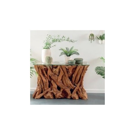 Console en morceaux de racine de teck 120cm Roots Casita avec verre