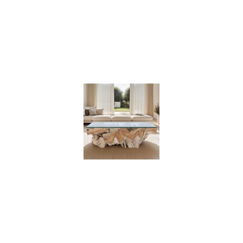 Table basse racine de teck 120cm SOUCHE avec verre