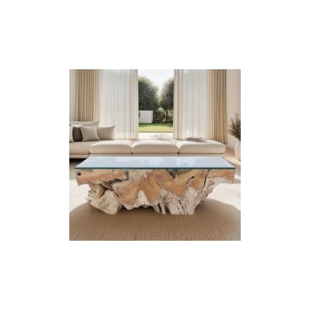 Table basse racine de teck 120cm SOUCHE avec verre