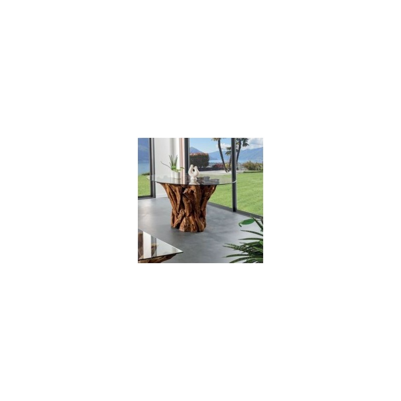 Table ronde morceaux racine teck et verre 130cm Casita DATA52