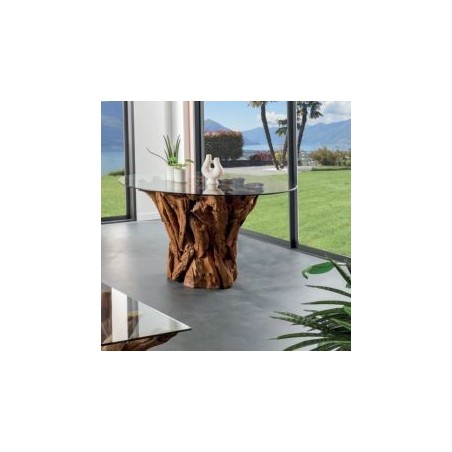 Table ronde morceaux racine teck et verre 130cm Casita DATA52