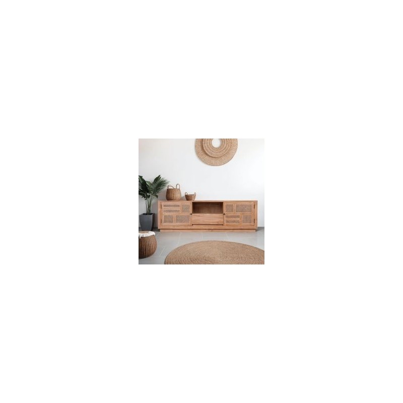 Meuble tv bois teck et rotin 160cm COLONIAL