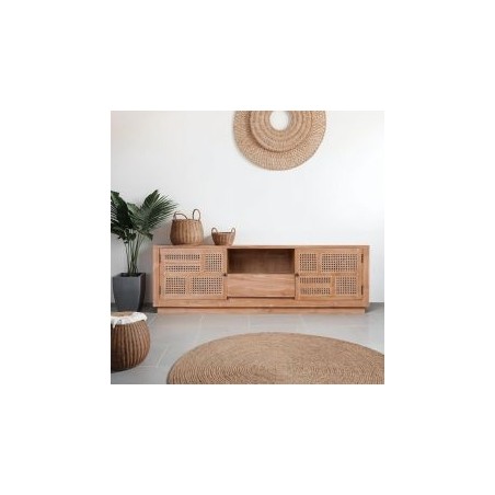 Meuble tv bois teck et rotin 160cm COLONIAL