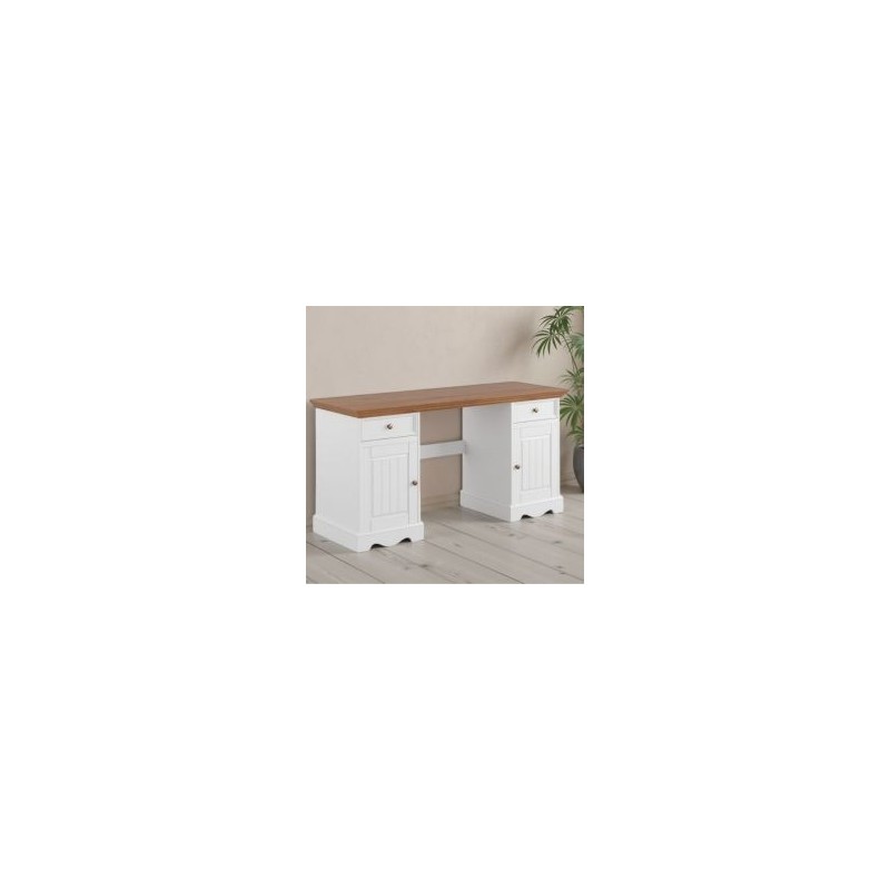 Bureau blanc en bois de pin massif 155cm BIANCA avec rangements