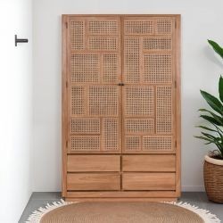 Grande armoire teck et rotin 4 tiroirs COLONIAL