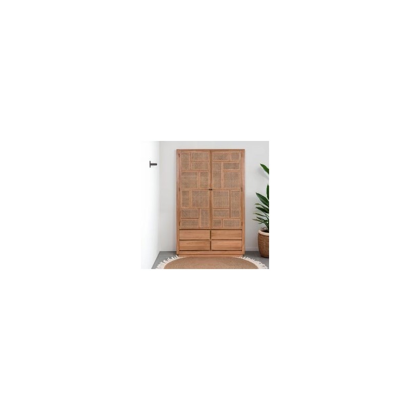 Grande armoire teck et rotin 4 tiroirs COLONIAL
