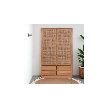 Grande armoire teck et rotin 4 tiroirs COLONIAL