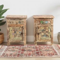 Lot de 2 chevets en bois recyclé coloré blanchi 45cm LILA