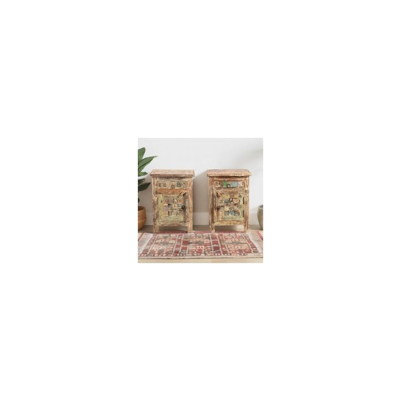 Lot de 2 chevets en bois recyclé coloré blanchi 45cm LILA