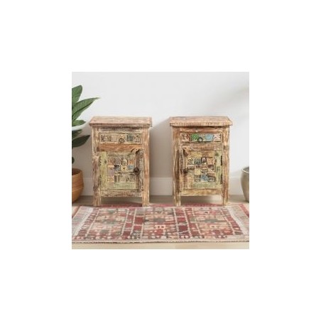 Lot de 2 chevets en bois recyclé coloré blanchi 45cm LILA