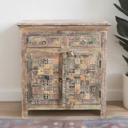 Petit bahut en bois recyclé coloré blanchi 80cm LILA