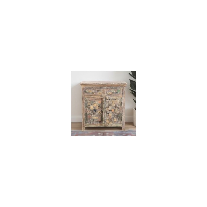 Petit bahut en bois recyclé coloré blanchi 80cm LILA