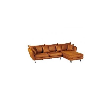 Canapé d'angle tissu cuir cognac 286cm HASTING Casita retour droit
